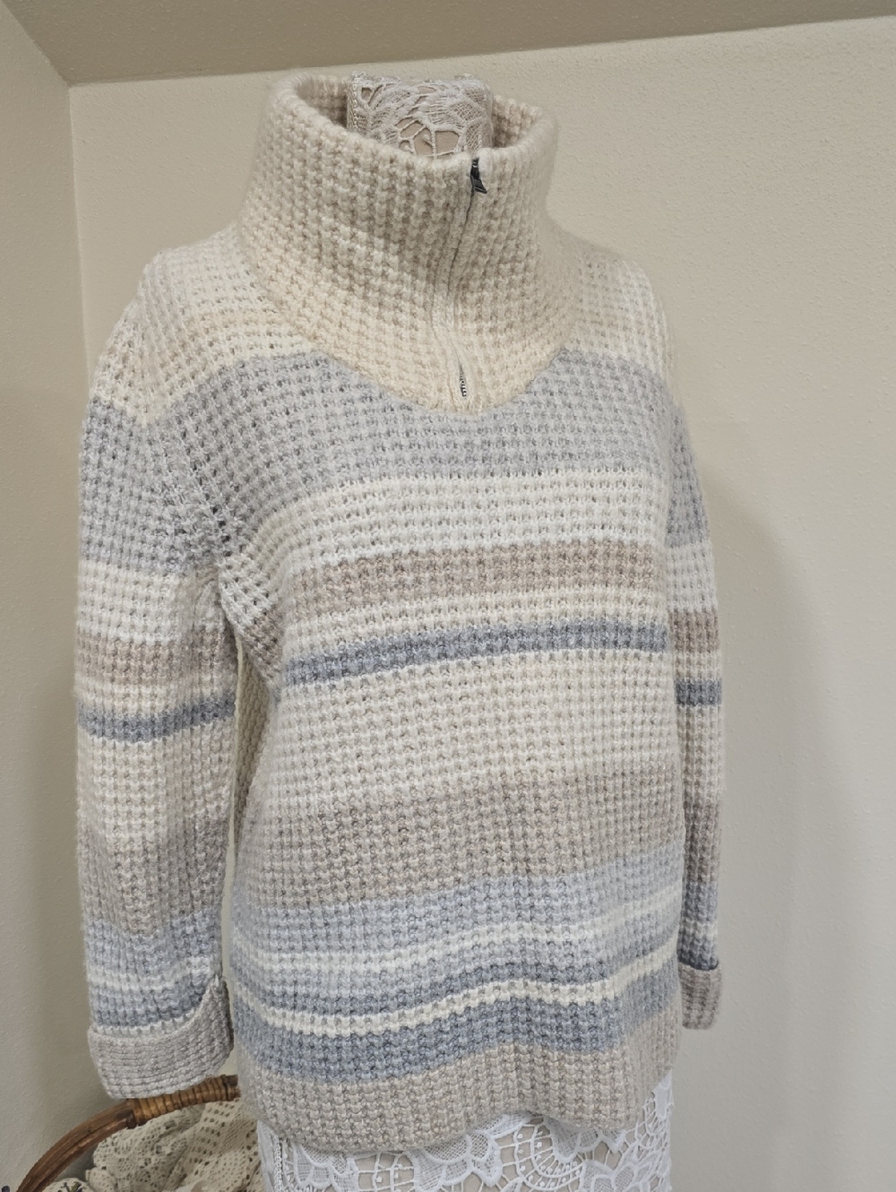 Eddie Bauer Cream, Light Gray & Tan Striped Waffle Zip-Turtleneck Sweater